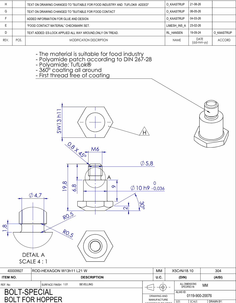 Screw according to the attached drawing. AISI 304